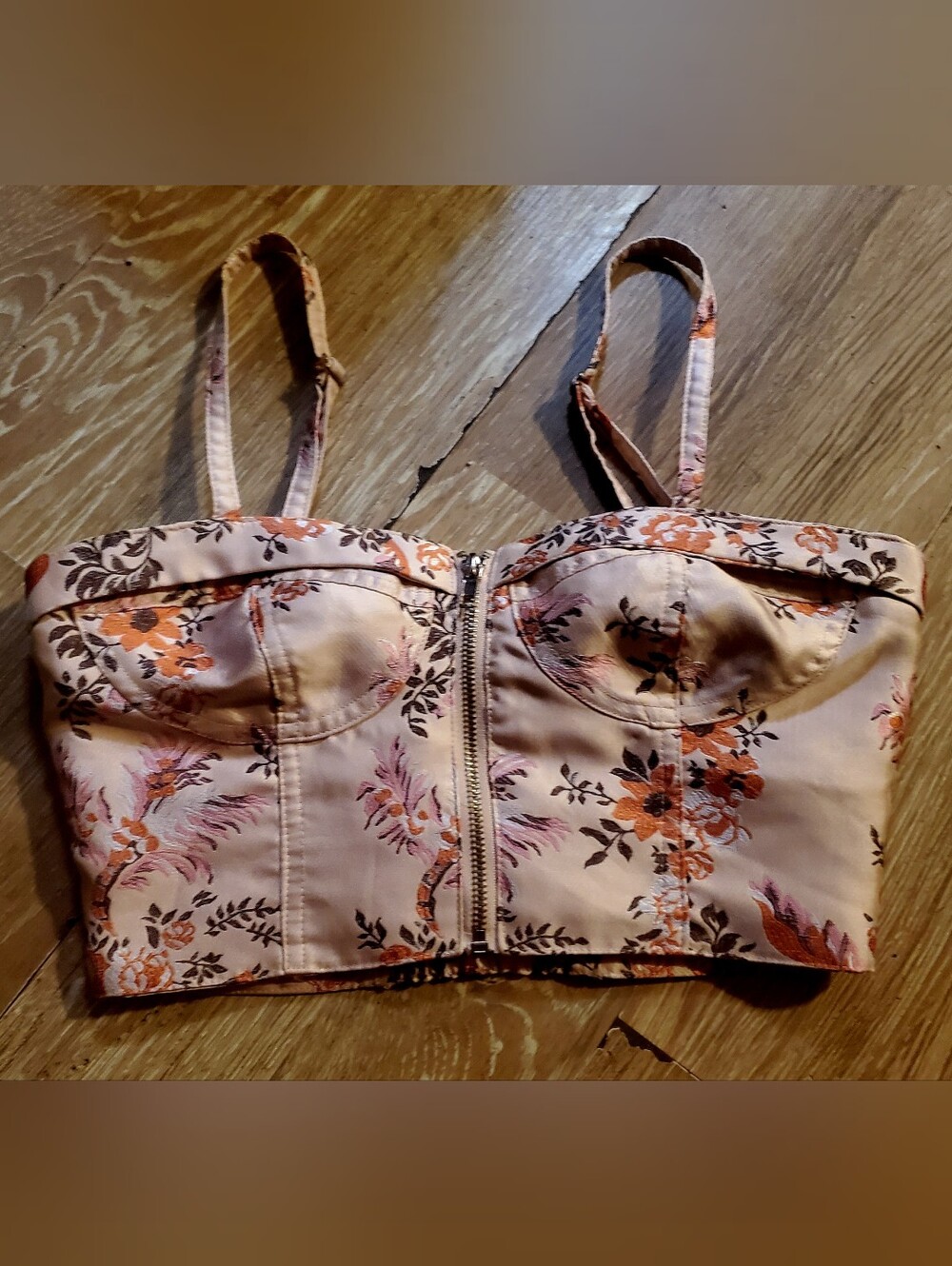 Forever 21 Floral Zip-Front Bustier Cropped Camisole w. Adjustable Straps